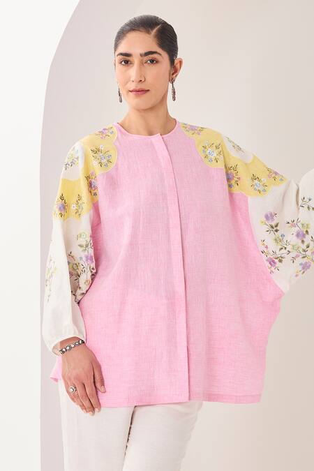 Sue Mue_Pink Linen Embroidery, Applique Round Neck Light Colour-blocked Shirt And Pant _at_Aza_Fashions