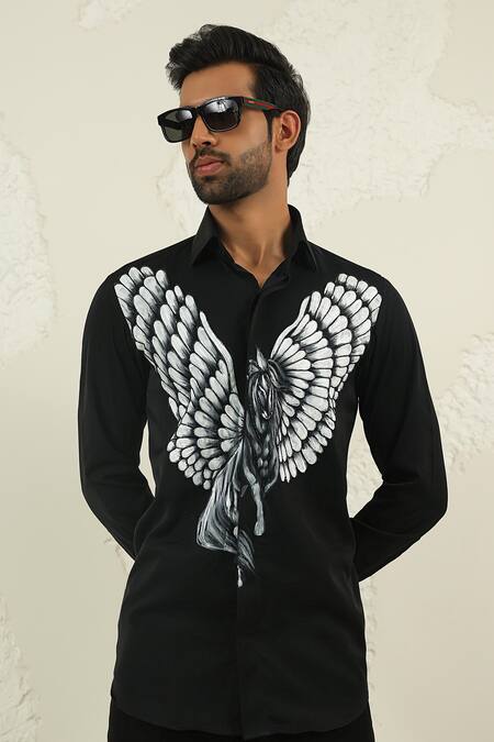 Shop_Courtyard By Abhi_Black Lycra Handpainted Shirt And Trouser Set _Online_at_Aza_Fashions