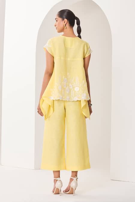 Sue Mue Linen Floral Motif Top & Pant Set 