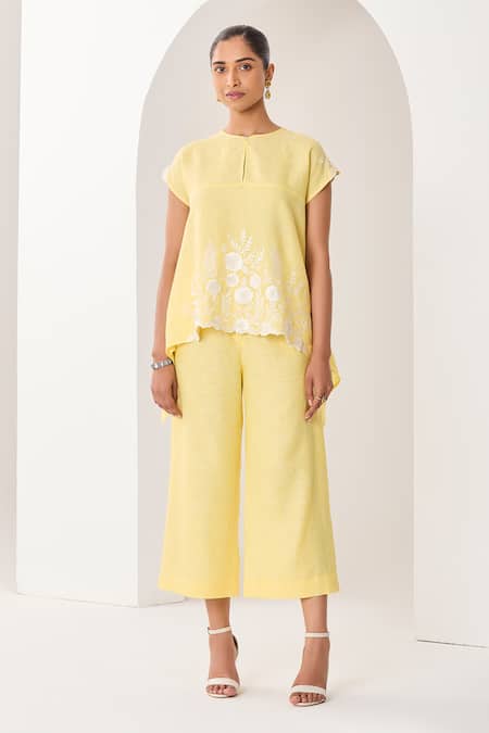 Sue Mue Yellow Linen Embroidery, Cut Work, Applique Open Floral Motif Top And Pant Set 