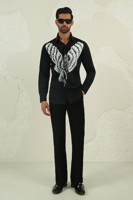 Courtyard By Abhi_Black Lycra Handpainted Shirt And Trouser Set _at_Aza_Fashions
