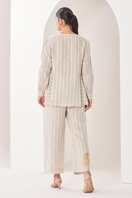 Sue Mue Light Grey Linen Embroidered Co-ord Set 