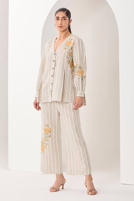 Buy Sue Mue Gray Linen Embroidery V-neck Light Grey Co-ord Set Online at Aza Fashions Buy_Sue Mue_Gray Linen Embroidery V-neck Light Grey Co-ord Set _Online_at_Aza_Fashions