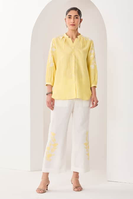 Sue Mue Yellow Linen Embroidery, Sequins, Beads Open Neck Lemon Shirt And Pant Set 