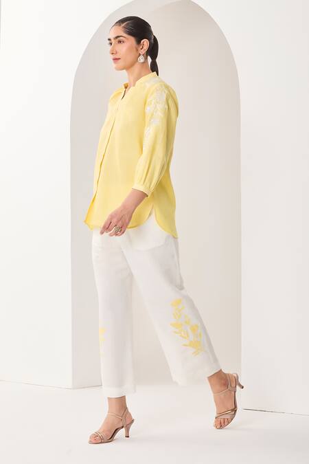 Sue Mue_Yellow Linen Embroidery, Sequins, Beads Open Neck Lemon Shirt And Pant Set _Online_at_Aza_Fashions