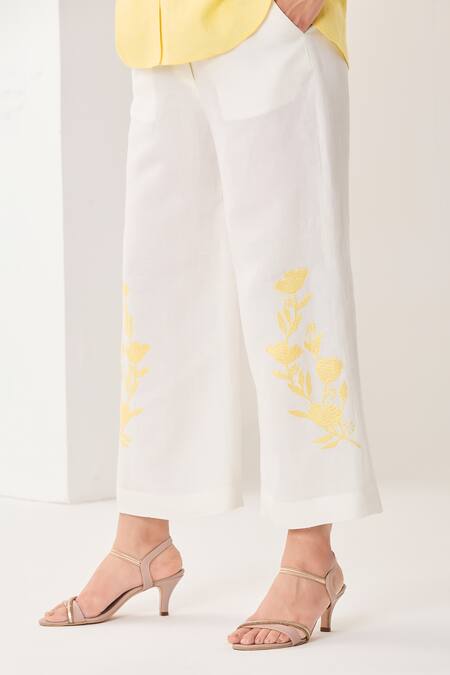 Buy_Sue Mue_Yellow Linen Embroidery, Sequins, Beads Open Neck Lemon Shirt And Pant Set _Online_at_Aza_Fashions