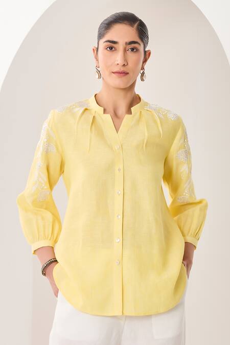 Shop_Sue Mue_Yellow Linen Embroidery, Sequins, Beads Open Neck Lemon Shirt And Pant Set _Online_at_Aza_Fashions