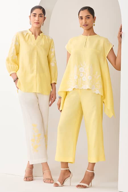 Sue Mue_Yellow Linen Embroidery, Sequins, Beads Open Neck Lemon Shirt And Pant Set _at_Aza_Fashions