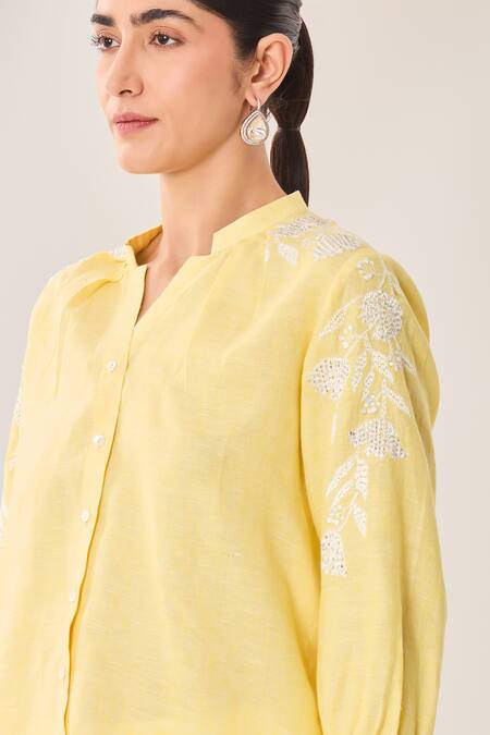 Buy_Sue Mue_Yellow Linen Embroidery, Sequins, Beads Open Neck Lemon Shirt And Pant Set 
