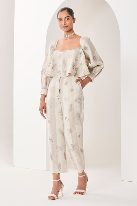 Sue Mue Beige Linen Embroidery Square Neck Floral Co-ordinate Set 