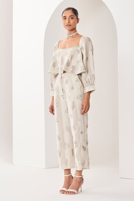 Sue Mue Beige Linen Embroidery Square Neck Floral Co-ordinate Set Online at Aza Fashions Sue Mue_Beige Linen Embroidery Square Neck Floral Co-ordinate Set _Online_at_Aza_Fashions