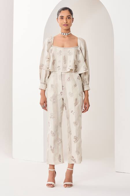 Buy Sue Mue Beige Linen Embroidery Square Neck Floral Co-ordinate Set Online at Aza Fashions Buy_Sue Mue_Beige Linen Embroidery Square Neck Floral Co-ordinate Set _Online_at_Aza_Fashions