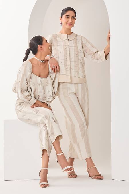 Sue Mue Beige Linen Embroidery Square Neck Floral Co-ordinate Set at Aza Fashions Sue Mue_Beige Linen Embroidery Square Neck Floral Co-ordinate Set _at_Aza_Fashions