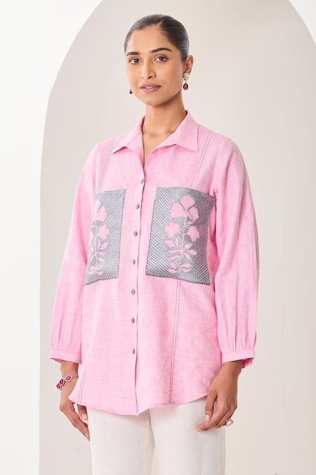 Sue Mue Pink Linen Embroidery Collared Light Shirt And Pant Set Online at Aza Fashions Sue Mue_Pink Linen Embroidery Collared Light Shirt And Pant Set _Online_at_Aza_Fashions