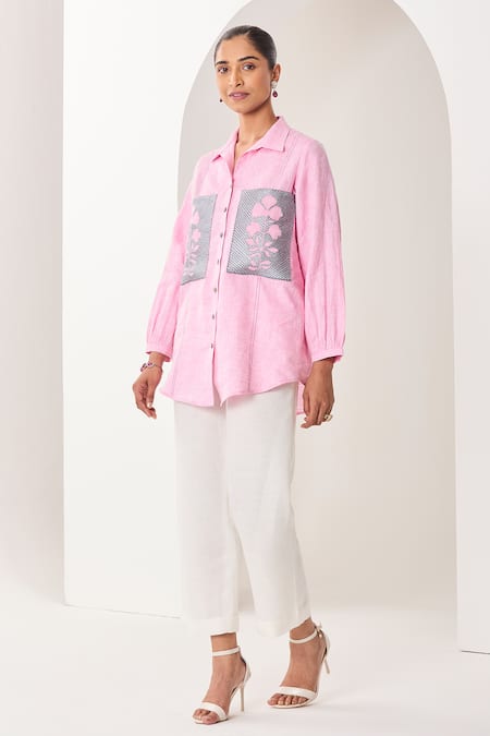 Shop Sue Mue Pink Linen Embroidery Collared Light Shirt And Pant Set Online at Aza Fashions Shop_Sue Mue_Pink Linen Embroidery Collared Light Shirt And Pant Set _Online_at_Aza_Fashions