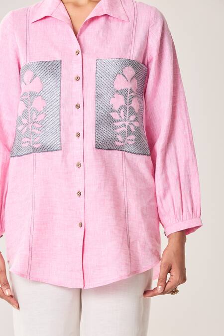 Sue Mue Pink Linen Embroidery Collared Light Shirt And Pant Set at Aza Fashions Sue Mue_Pink Linen Embroidery Collared Light Shirt And Pant Set _at_Aza_Fashions