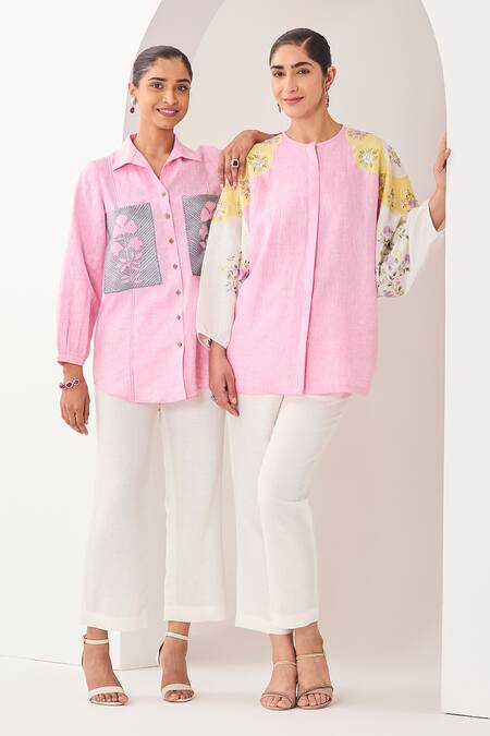 Buy Sue Mue Pink Linen Embroidery Collared Light Shirt And Pant Set Buy_Sue Mue_Pink Linen Embroidery Collared Light Shirt And Pant Set