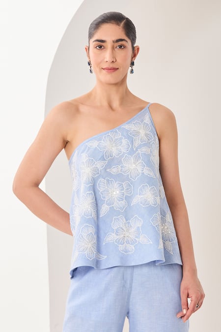Sue Mue_Blue Linen Embroidery, Beads, Sequins One Shoulder Powder Dori Co-ord Set _Online_at_Aza_Fashions