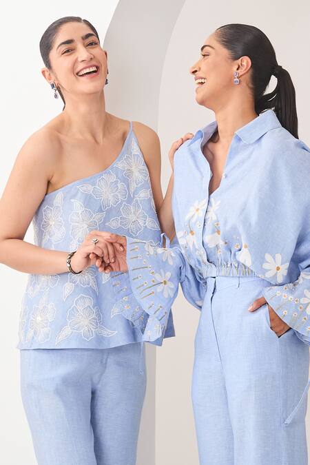 Buy_Sue Mue_Blue Linen Embroidery, Beads, Sequins One Shoulder Powder Dori Co-ord Set _Online_at_Aza_Fashions