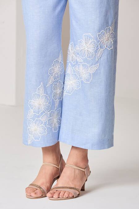 Shop_Sue Mue_Blue Linen Embroidery, Beads, Sequins One Shoulder Powder Dori Co-ord Set _Online_at_Aza_Fashions