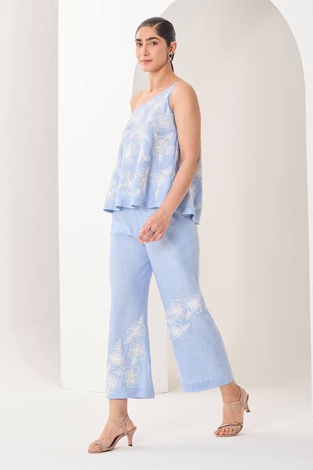 Sue Mue_Blue Linen Embroidery, Beads, Sequins One Shoulder Powder Dori Co-ord Set _at_Aza_Fashions