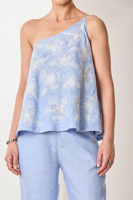 Buy_Sue Mue_Blue Linen Embroidery, Beads, Sequins One Shoulder Powder Dori Co-ord Set 