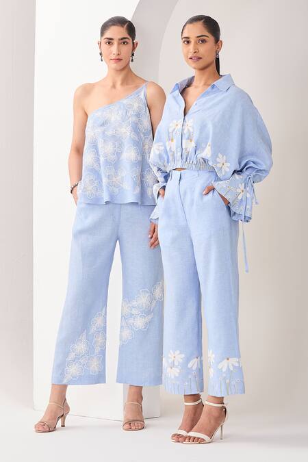 Shop_Sue Mue_Blue Linen Embroidery, Beads, Sequins One Shoulder Powder Dori Co-ord Set 