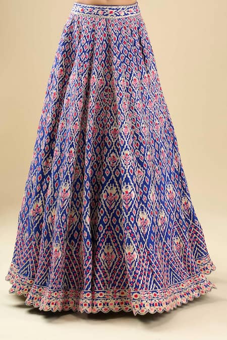 Shyam Narayan Prasad_Blue Silk, Chiffon Embroidery, Gota Patti Round Neck Mazarine Lehenga Set _at_Aza_Fashions