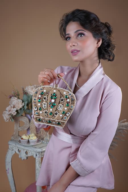Puneet Gupta_Gold Beads, Crystals Crown Minaudiere Handbag _Online_at_Aza_Fashions