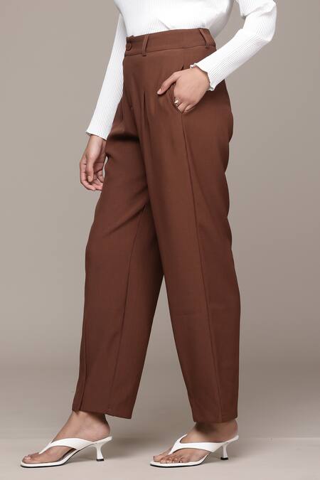 Shop_Ritu Kumar_Brown Polyester, Spandex Red Plum Straight Leg Pant_Online_at_Aza_Fashions