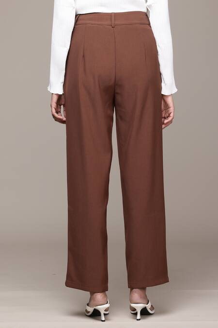 Ritu Kumar_Brown Polyester, Spandex Red Plum Straight Leg Pant_at_Aza_Fashions