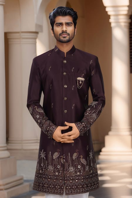 Arihant Rai Sinha Wine Silk, Polyester, Viscose Embroidery, Sequins Thread And Sherwani With Pant Online at Aza Fashions Arihant Rai Sinha_Wine Silk, Polyester, Viscose Embroidery, Sequins Thread And Sherwani With Pant _Online_at_Aza_Fashions