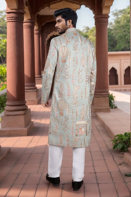 Arihant Rai Sinha Embroidered Blue Sherwani & White Pant Set 
