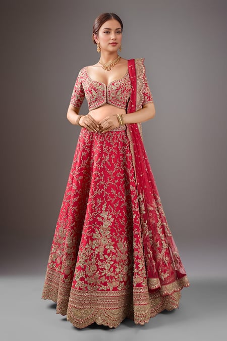 Kalighata Cherry Red Spring Fall Lehenga Set 
