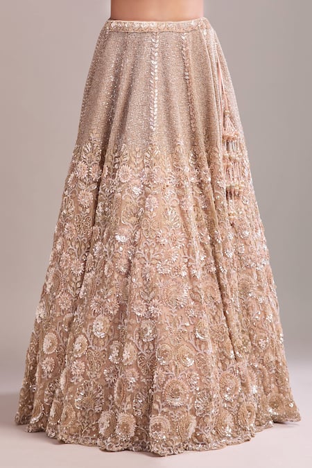 Buy Kalighata Peach Sequins, Beads, Embroidery V-neck Sparkle Lehenga Set Buy_Kalighata_Peach Sequins, Beads, Embroidery V-neck Sparkle Lehenga Set