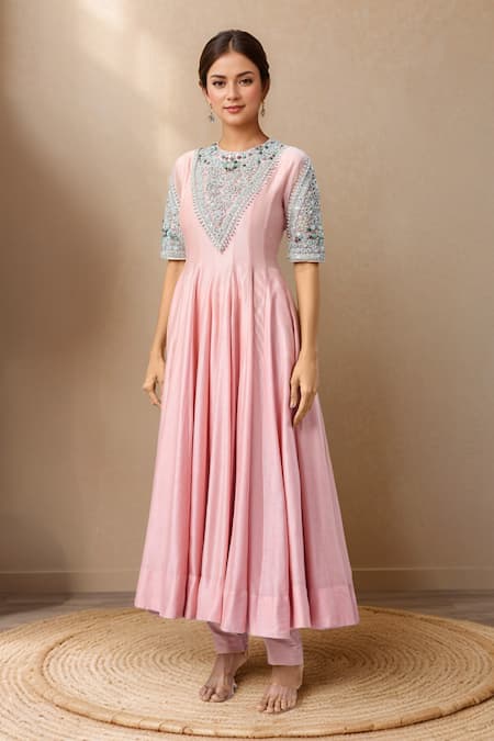 Bhumika Sharma Pink Embroidery Round Neck Floral Yoke Anarkali And Pant Set 