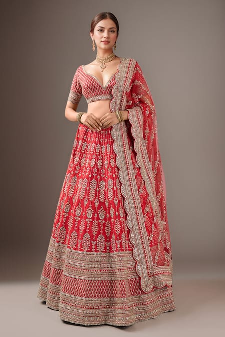 Kalighata Red Loop Lehenga With Two Dupattas 