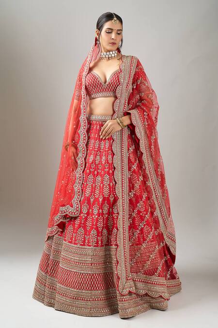 Kalighata_Red Sequins, Embroidery, Beads V-neck Loop Lehenga With Two Dupattas _at_Aza_Fashions