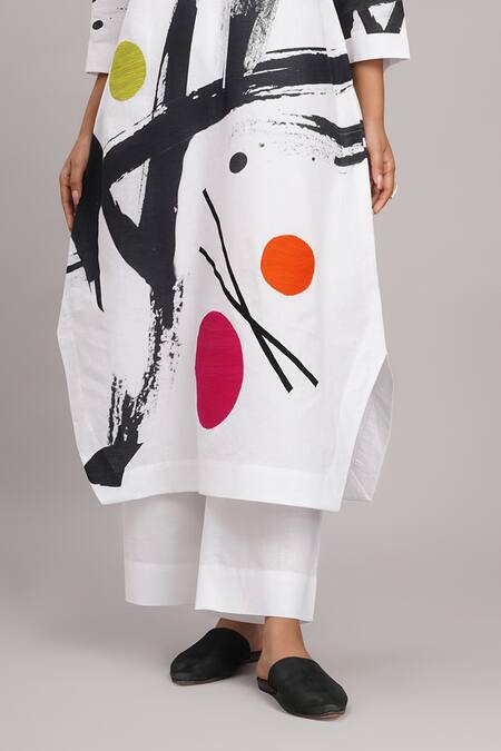 Shop Taika By Poonam Bhagat White Linen Embroidery V-neck Printed Tunic And Pant Set Online at Aza Fashions Shop_Taika By Poonam Bhagat_White Linen Embroidery V-neck Printed Tunic And Pant Set _Online_at_Aza_Fashions