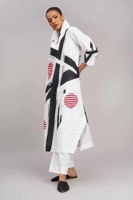 Taika By Poonam Bhagat White Linen Embroidery Collared Printed Tunic And Pant Set Online at Aza Fashions Taika By Poonam Bhagat_White Linen Embroidery Collared Printed Tunic And Pant Set _Online_at_Aza_Fashions