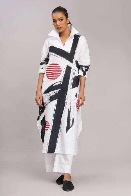 Buy Taika By Poonam Bhagat White Linen Embroidery Collared Printed Tunic And Pant Set Online at Aza Fashions Buy_Taika By Poonam Bhagat_White Linen Embroidery Collared Printed Tunic And Pant Set _Online_at_Aza_Fashions