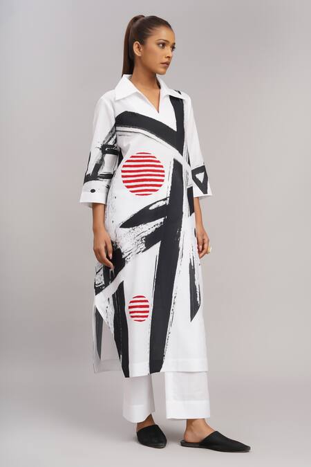 Shop Taika By Poonam Bhagat White Linen Embroidery Collared Printed Tunic And Pant Set Online at Aza Fashions Shop_Taika By Poonam Bhagat_White Linen Embroidery Collared Printed Tunic And Pant Set _Online_at_Aza_Fashions