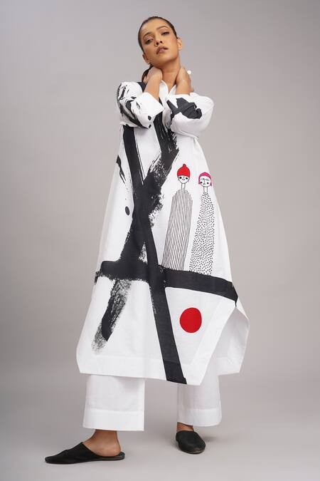 Shop Taika By Poonam Bhagat White Linen Round Neck Printed Embroidered Tunic And Pant Set Online at Aza Fashions Shop_Taika By Poonam Bhagat_White Linen Round Neck Printed Embroidered Tunic And Pant Set _Online_at_Aza_Fashions