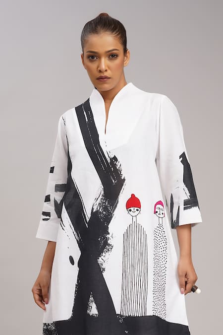 Buy Taika By Poonam Bhagat White Linen Round Neck Printed Embroidered Tunic And Pant Set Buy_Taika By Poonam Bhagat_White Linen Round Neck Printed Embroidered Tunic And Pant Set