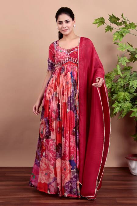 Buy_Nidhi Kejriwal_Multi Color Georgette, Organza Floral Anarkali Dress With Matching Dupatta _Online_at_Aza_Fashions