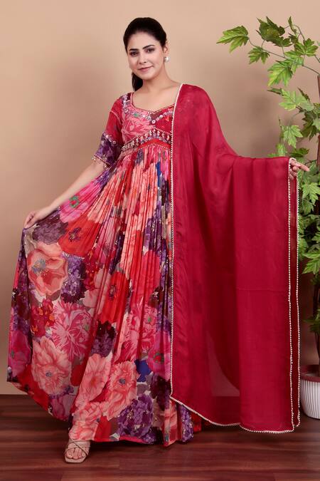 Shop_Nidhi Kejriwal_Multi Color Georgette, Organza Floral Anarkali Dress With Matching Dupatta _Online_at_Aza_Fashions