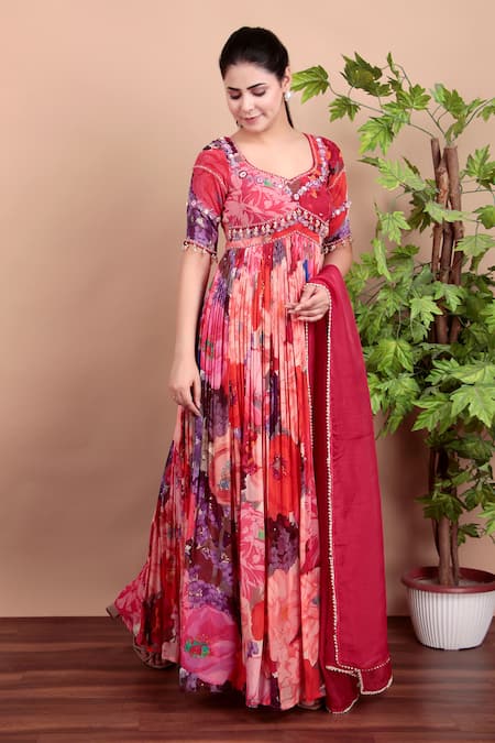 Buy_Nidhi Kejriwal_Multi Color Georgette, Organza Floral Anarkali Dress With Matching Dupatta 