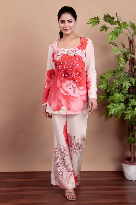 Shop_Nidhi Kejriwal_Pink Crepe Embroidery Square Neck Floral Co-ord Set _Online_at_Aza_Fashions