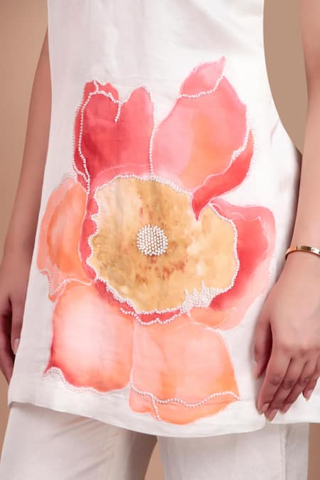 Shop_Nidhi Kejriwal_Off White Cotton, Linen Embroidery Halter Neck Floral Hand-painted Co-ord Set _Online_at_Aza_Fashions