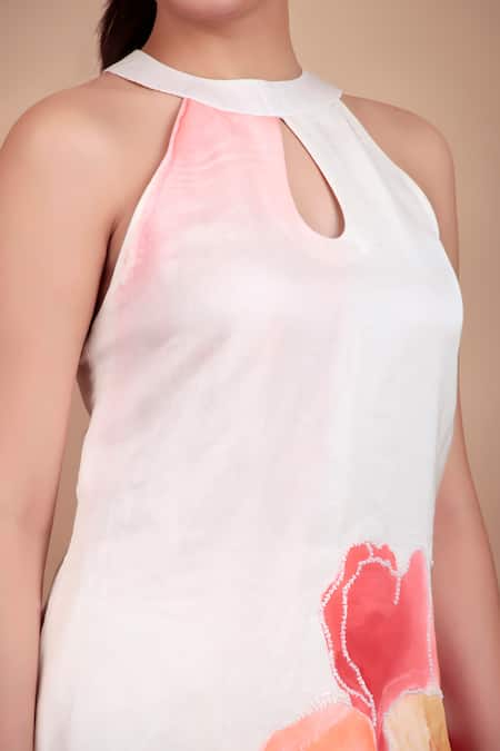 Buy_Nidhi Kejriwal_Off White Cotton, Linen Embroidery Halter Neck Floral Hand-painted Co-ord Set 